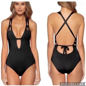 Becca by Rebecca Virtue Color Code Skylar Loop Plunge One-Piece Black XS